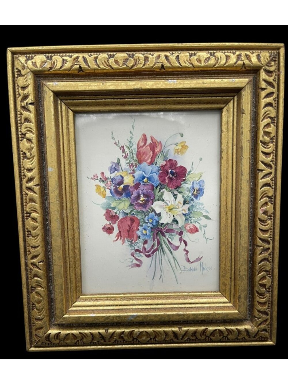 Barbara Mock's "Lavender Ribbons" Mini Floral Bouquet Print in Gold Gilt Wood